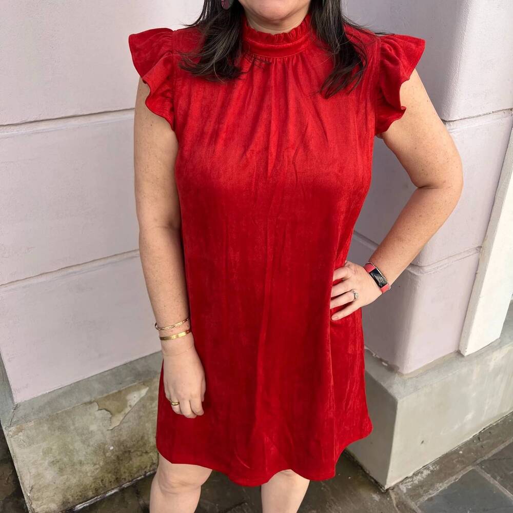 NEW VOY suede ruffle sleeve dress in rust
